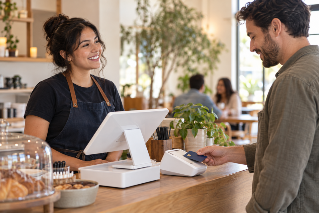 Cafe employee accepting a customer payment with a Clover POS system
