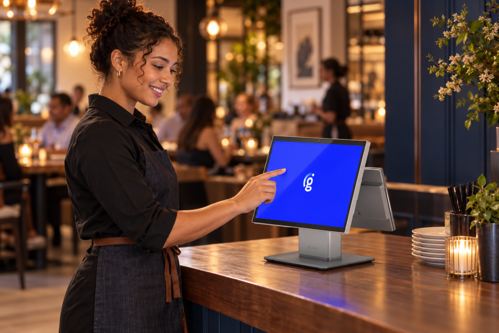 Restaurant employee using a Genius POS touchscreen at the counter