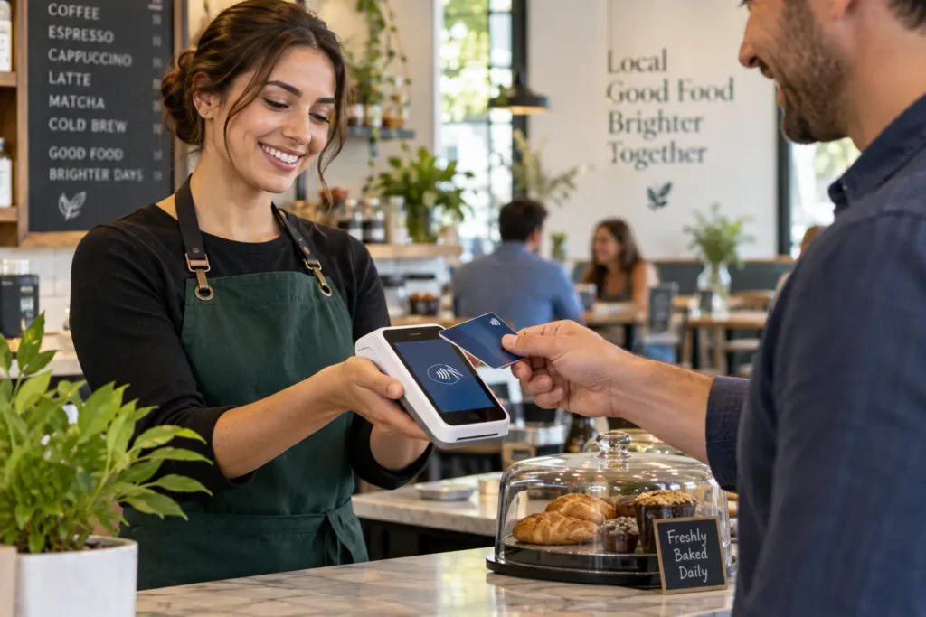 Cafe employee accepting a contactless payment with a modern handheld POS system